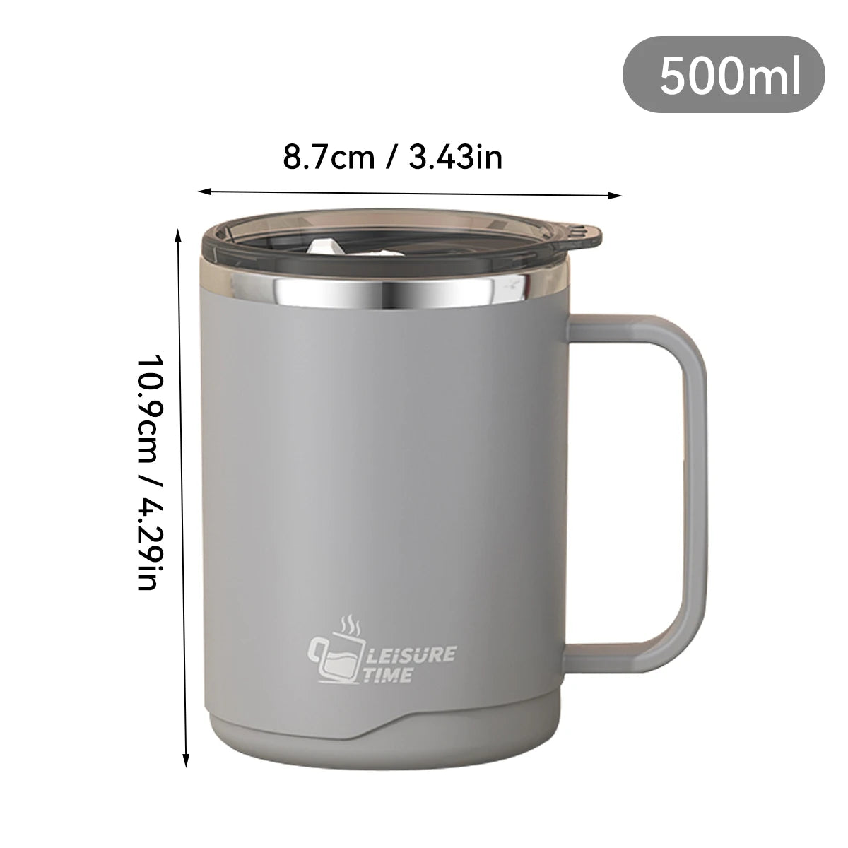 MugLife grey double wall large coffee mug – leakproof lid 401-500ml