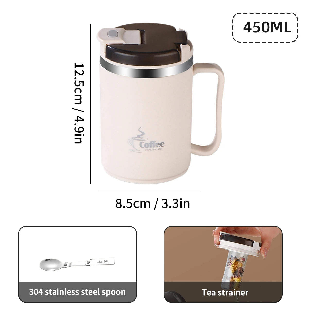 MugLife Beige 450ml insulated mug with strainer – loose leaf tea brewing cup