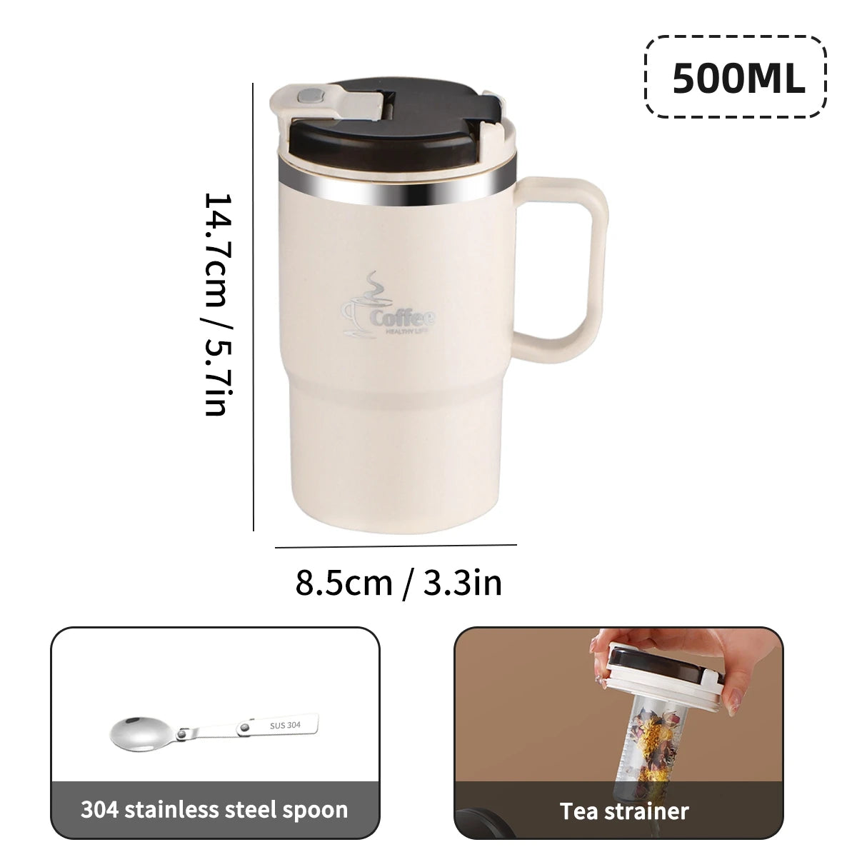 MugLife Beige 500ml insulated tea mug with strainer and spoon – stainless steel