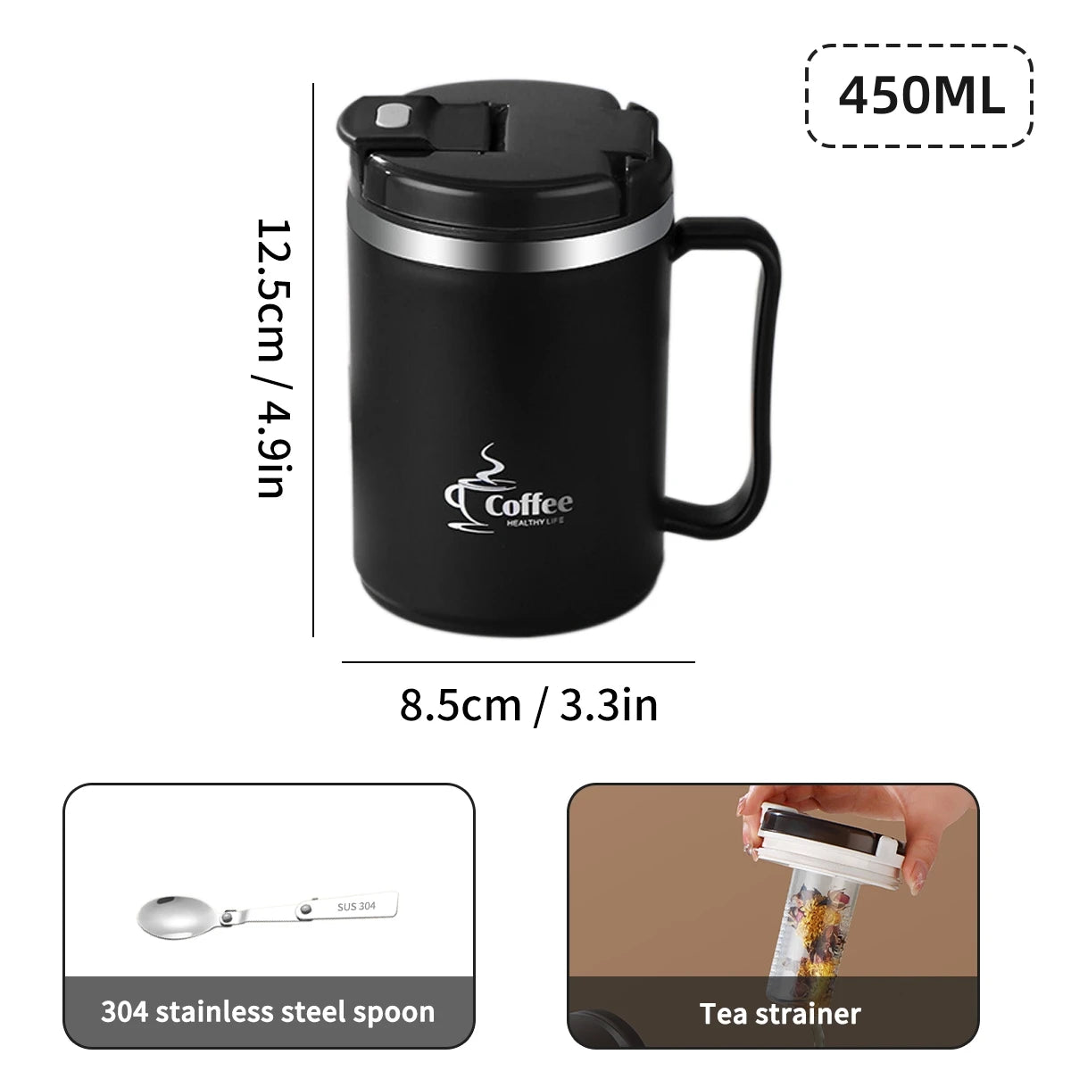 MugLife Black 450ml insulated brewing mug – stainless steel tea infuser cup