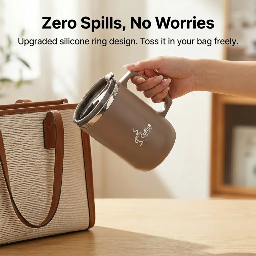 Double-wall vacuum insulated mug keeping coffee hot on the go
