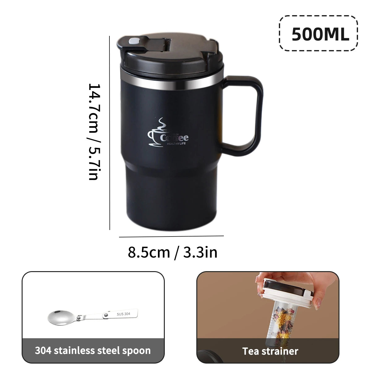 MugLife Black 500ml brewing mug with built-in strainer – double wall insulated
