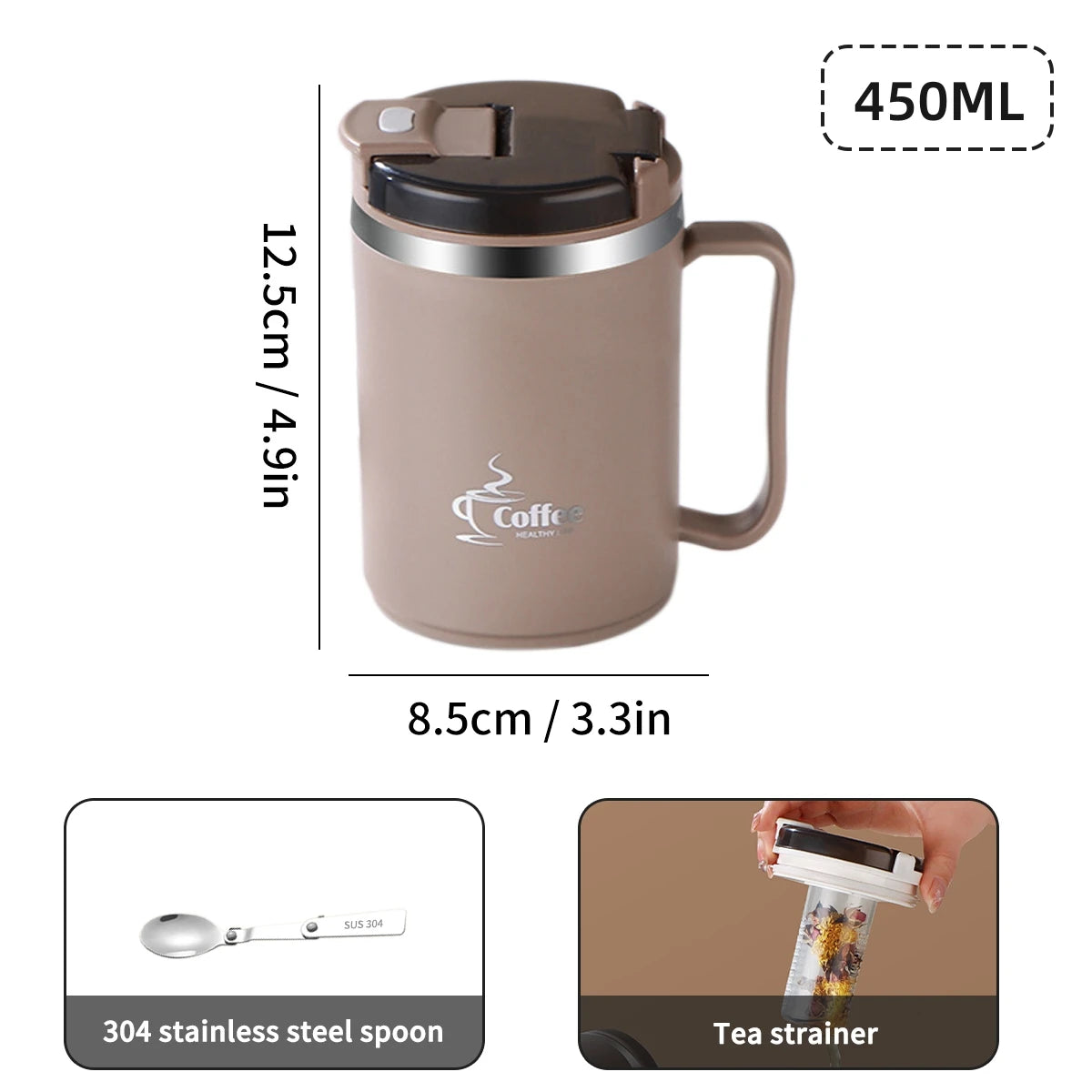 MugLife Brown 450ml tea mug with spoon and strainer – portable student mug