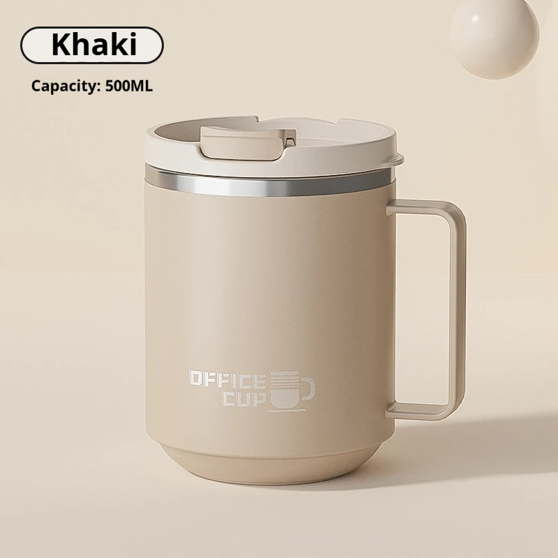 Disassembled insulated coffee mug showing stainless steel inner liner
