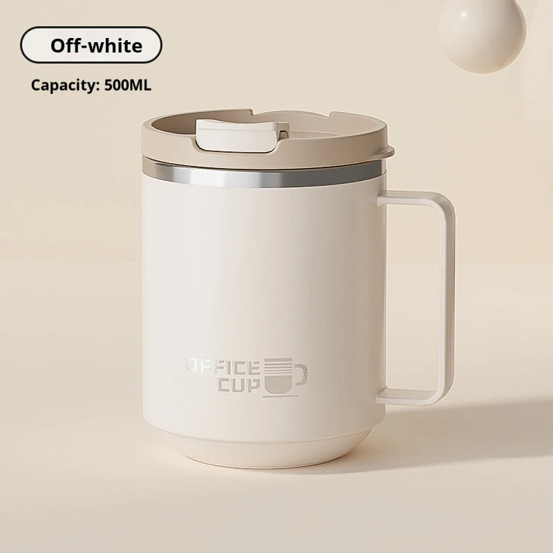 Grey 480ML thermal coffee mug with flip lid and ergonomic grip