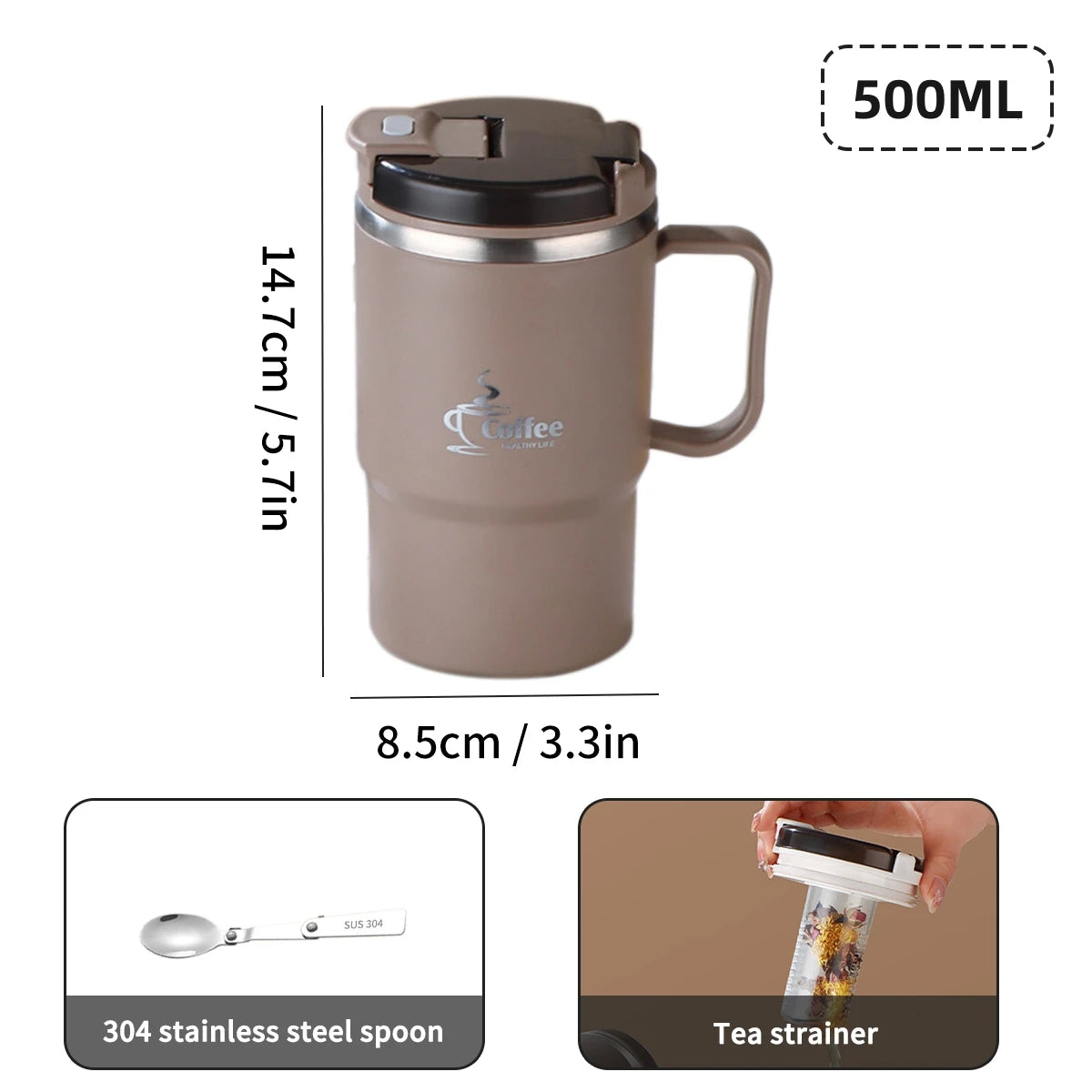 MugLife Brown 500ml tea and coffee mug with strainer – 304 stainless steel