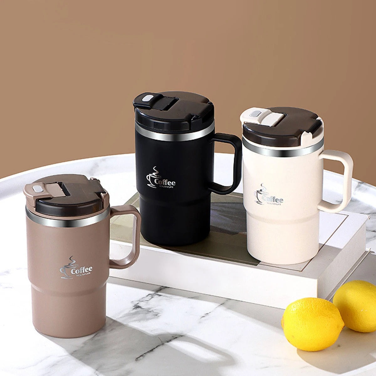 MugLife tea mug showing built-in strainer for loose leaf brewing – stainless steel